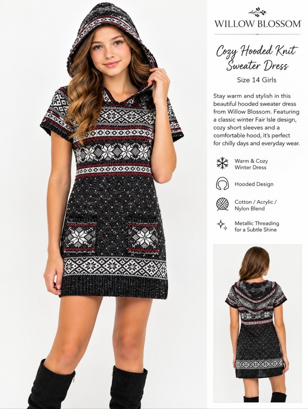 Willow Blossom Girls’ Size 14 Fair Isle Hooded Sweater Dress